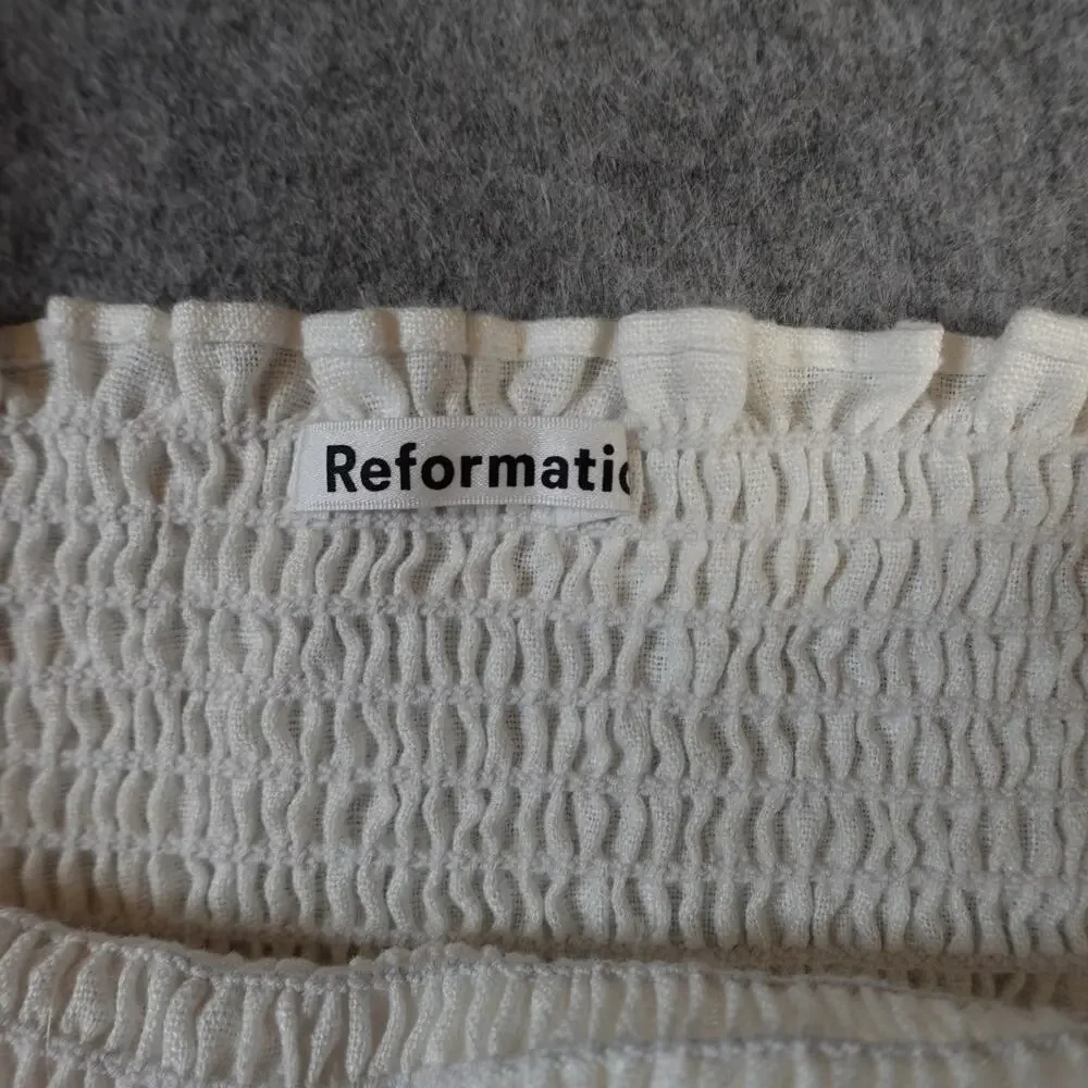 Reformation Top Womens Small Tangerine White Linen Smocked Square‎ Cottagecore